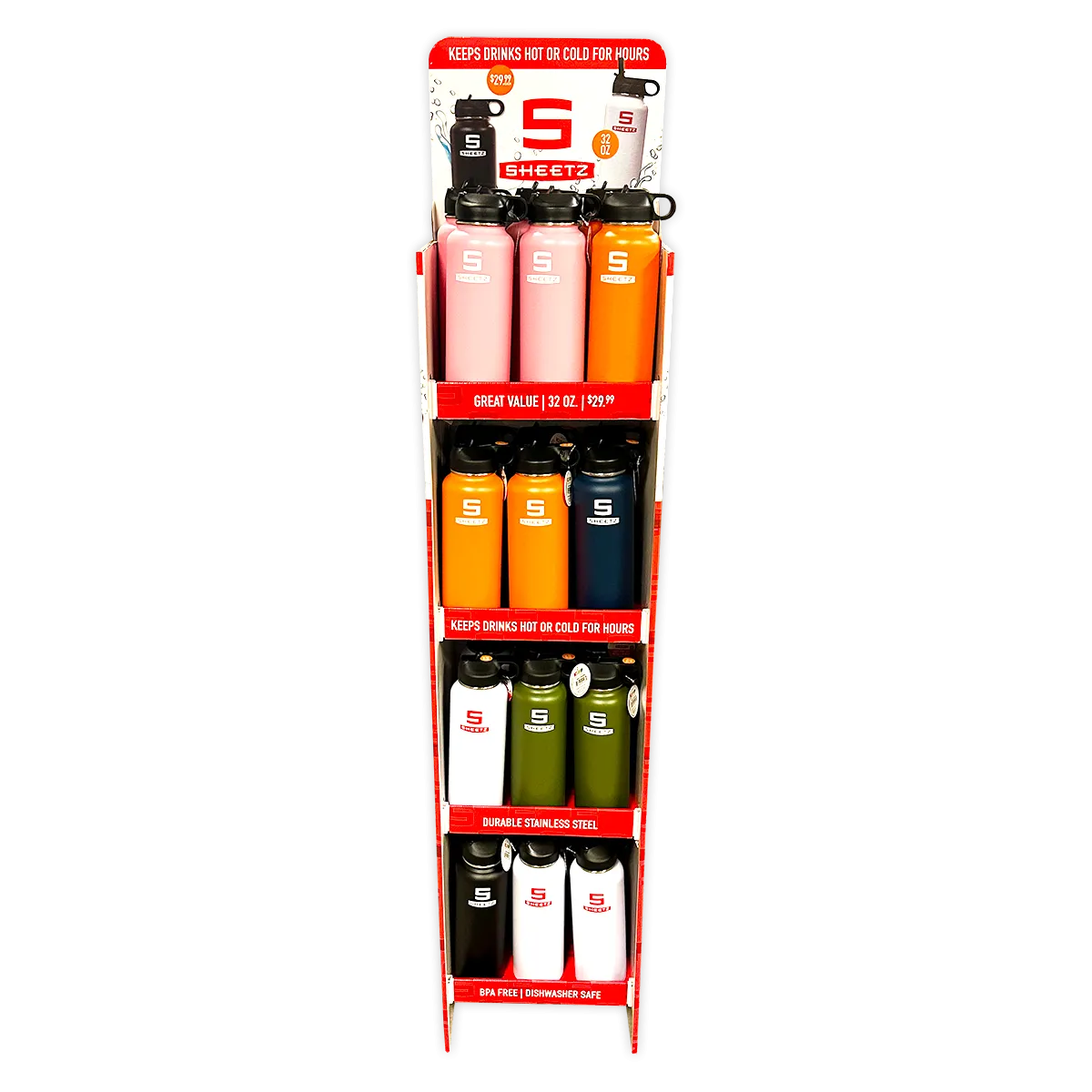 32 oz Insulated Stainless-Steel Printed Bottle Assortment Floor Display - 24 Pieces Per Retail Ready Display 88493
