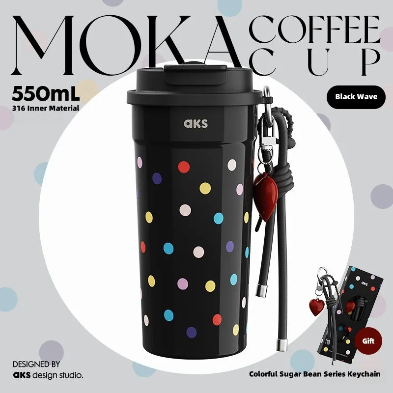 AKS MOKA Double Lid Coffee Tumbler 550ml - 316 Stainless Steel, 24H Insulated, Leak-Proof, DIY Strap (Frosted Sugar/Cosmic Pop)