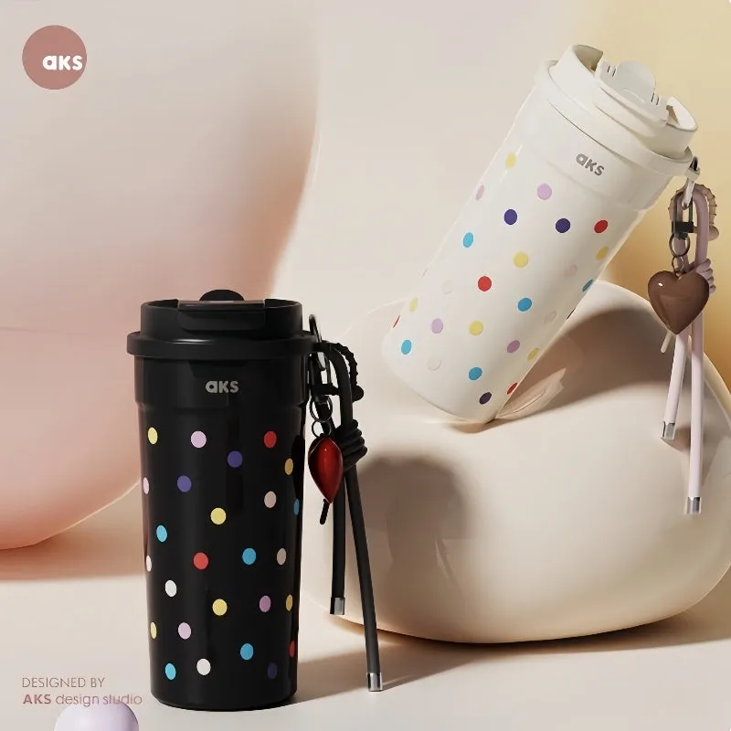 AKS MOKA Double Lid Coffee Tumbler 550ml - 316 Stainless Steel, 24H Insulated, Leak-Proof, DIY Strap (Frosted Sugar/Cosmic Pop)