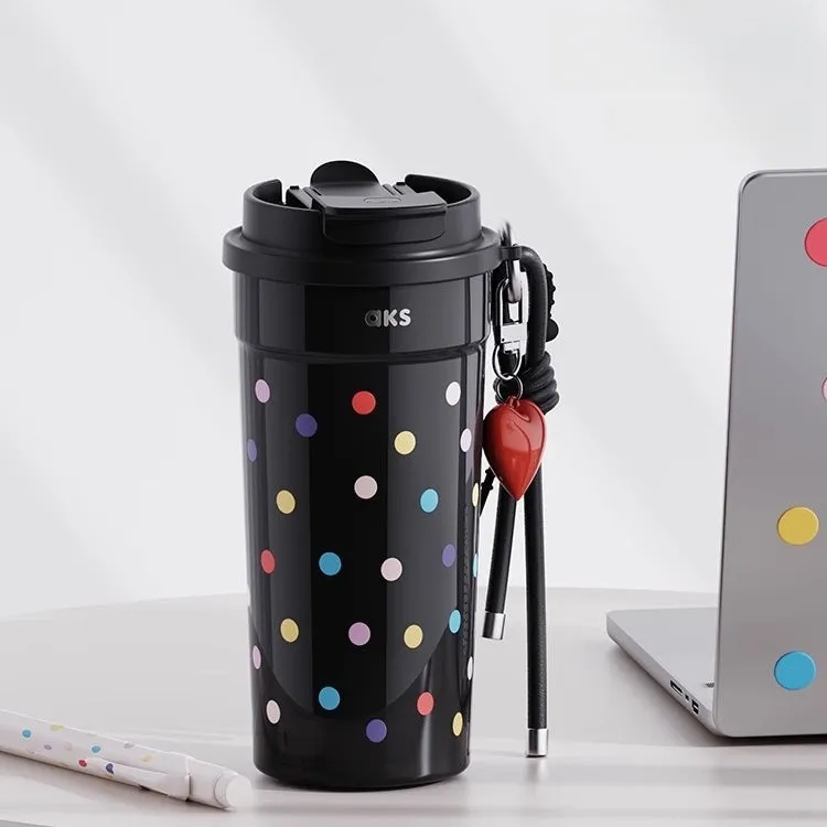 AKS MOKA Double Lid Coffee Tumbler 550ml - 316 Stainless Steel, 24H Insulated, Leak-Proof, DIY Strap (Frosted Sugar/Cosmic Pop)