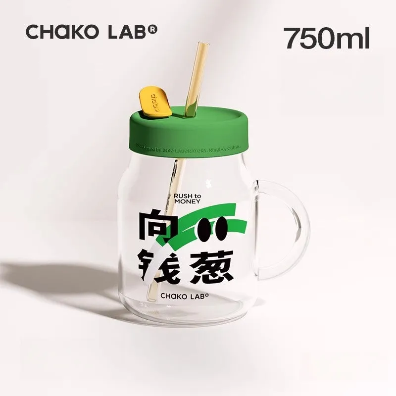 Chako Lab Trendy 450ml Glass Bottle with Dual Straws | Hygienic, Leak-Proof, and Stylish Design