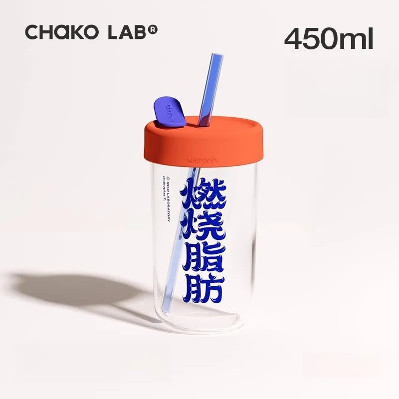 Chako Lab Trendy 450ml Glass Bottle with Dual Straws | Hygienic, Leak-Proof, and Stylish Design