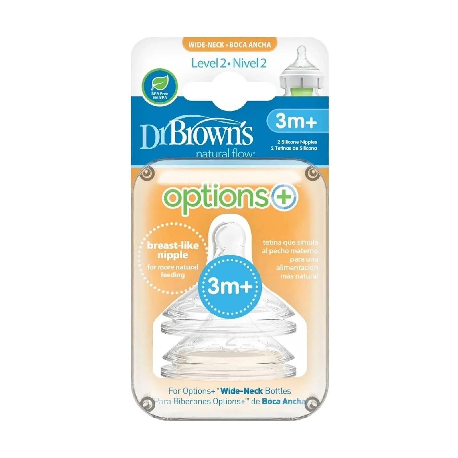 Dr. Brown's Options  Baby Bottle Teats Level 2 Wide Neck 3  months Pack of 2