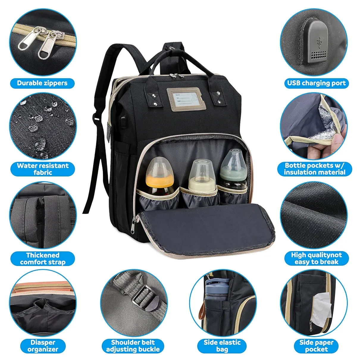 GPED GPED1270W Multifunctional Baby Diaper Bag Backpack with Changing Station (Black)