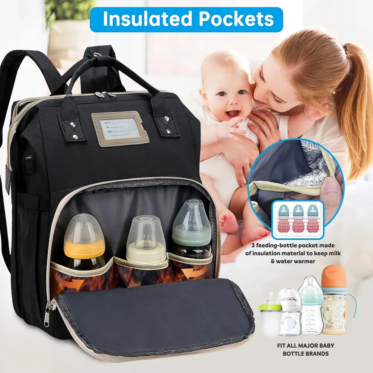 GPED GPED1270W Multifunctional Baby Diaper Bag Backpack with Changing Station (Black)