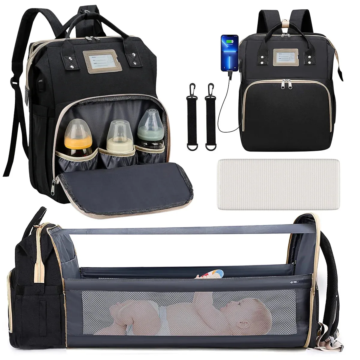 GPED GPED1270W Multifunctional Baby Diaper Bag Backpack with Changing Station (Black)