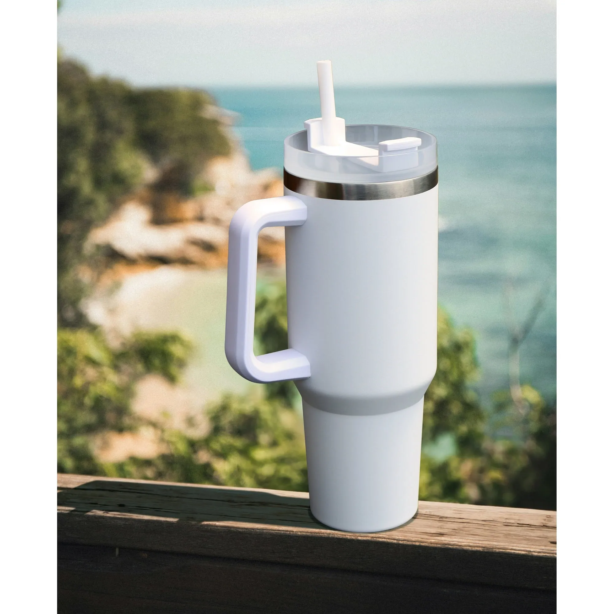 Mainstays DWSST-240-PC-WH-MOD 40 oz Stainless Steel Tumbler with Straw and Handle, Double Wall Insulated, White