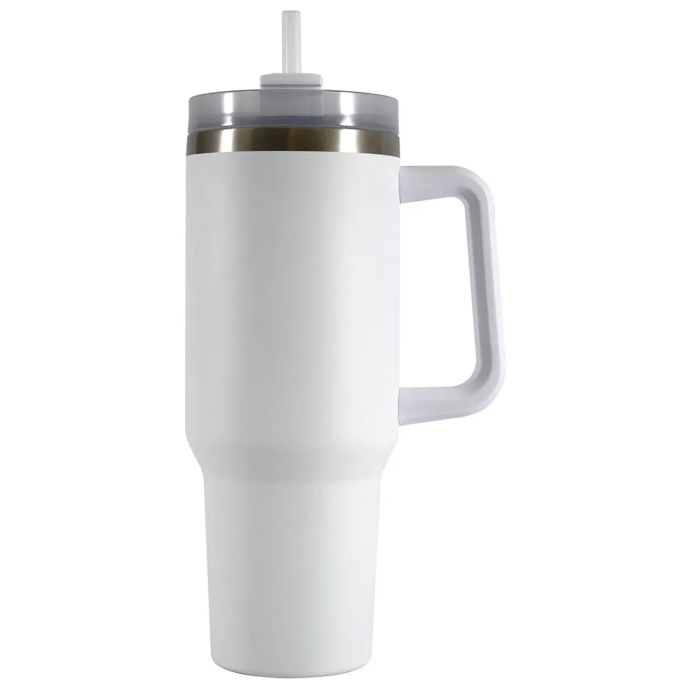 Mainstays DWSST-240-PC-WH-MOD 40 oz Stainless Steel Tumbler with Straw and Handle, Double Wall Insulated, White