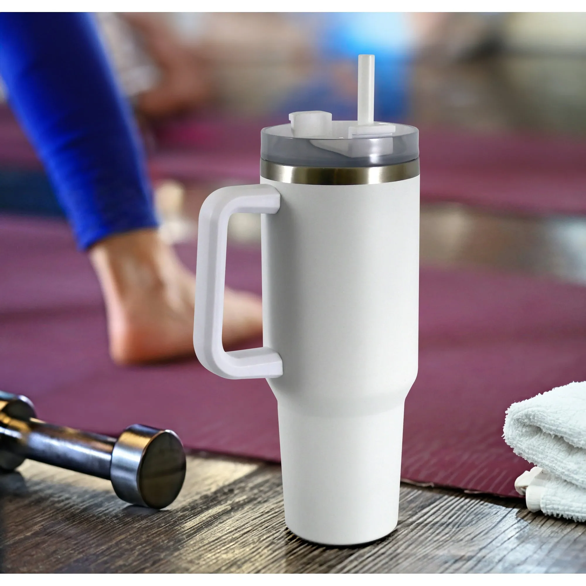 Mainstays DWSST-240-PC-WH-MOD 40 oz Stainless Steel Tumbler with Straw and Handle, Double Wall Insulated, White