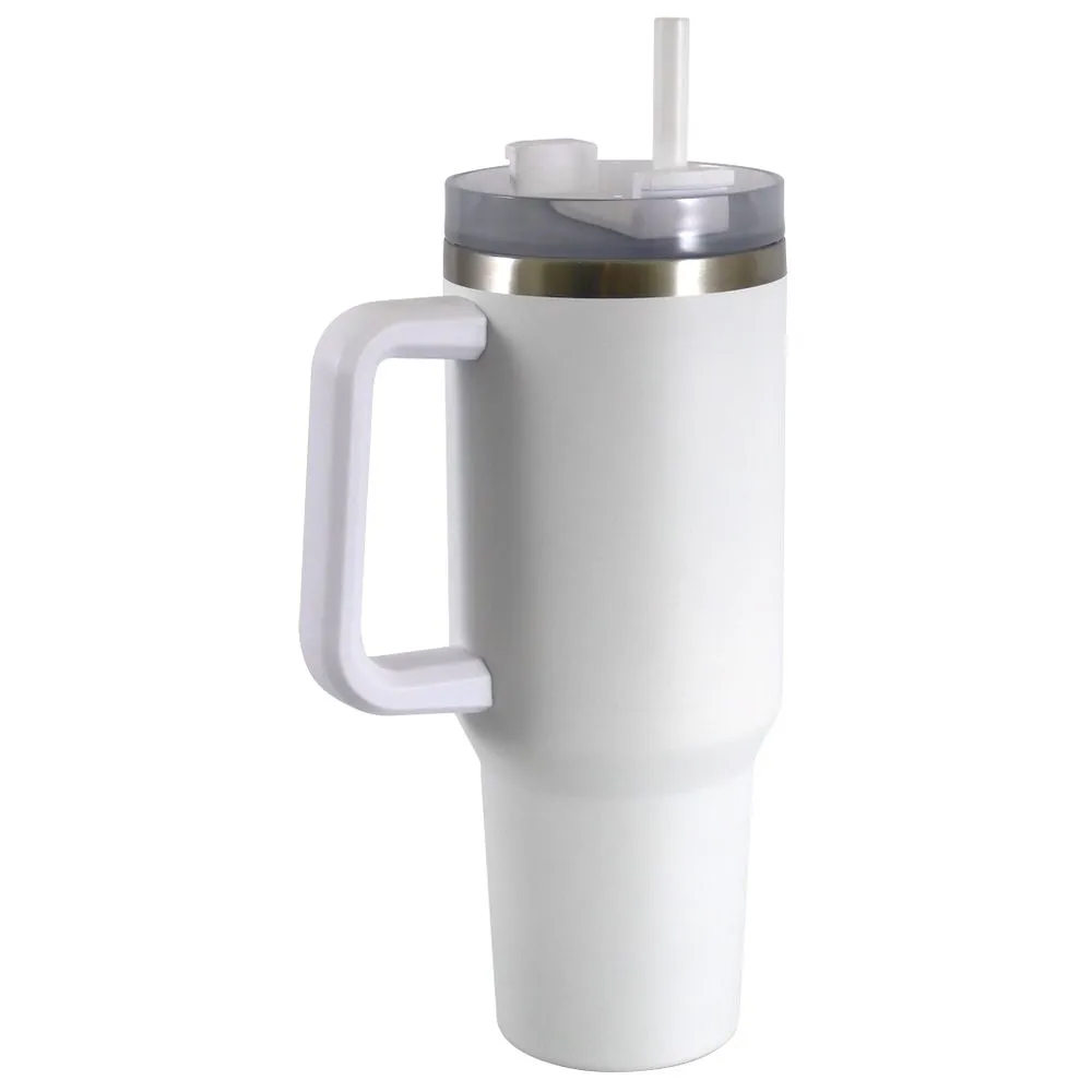 Mainstays DWSST-240-PC-WH-MOD 40 oz Stainless Steel Tumbler with Straw and Handle, Double Wall Insulated, White