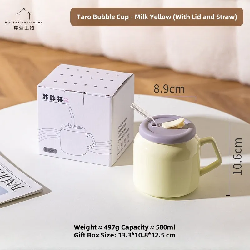 MDZF Ceramic Taro Bobo Cup with Silicone Lid – 580ml Aesthetic Ins-style Drinkware for Coffee, Tea & Daily Use (Cream Yellow/Taro Purple)