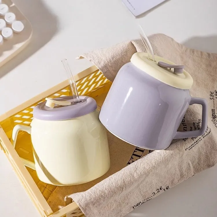 MDZF Ceramic Taro Bobo Cup with Silicone Lid – 580ml Aesthetic Ins-style Drinkware for Coffee, Tea & Daily Use (Cream Yellow/Taro Purple)