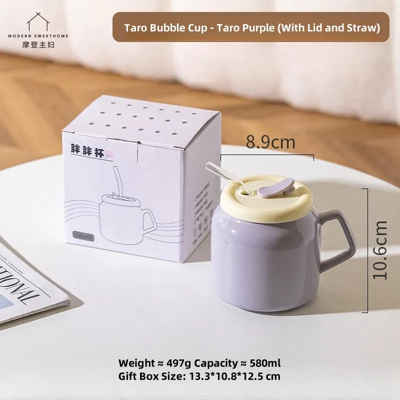 MDZF Ceramic Taro Bobo Cup with Silicone Lid – 580ml Aesthetic Ins-style Drinkware for Coffee, Tea & Daily Use (Cream Yellow/Taro Purple)