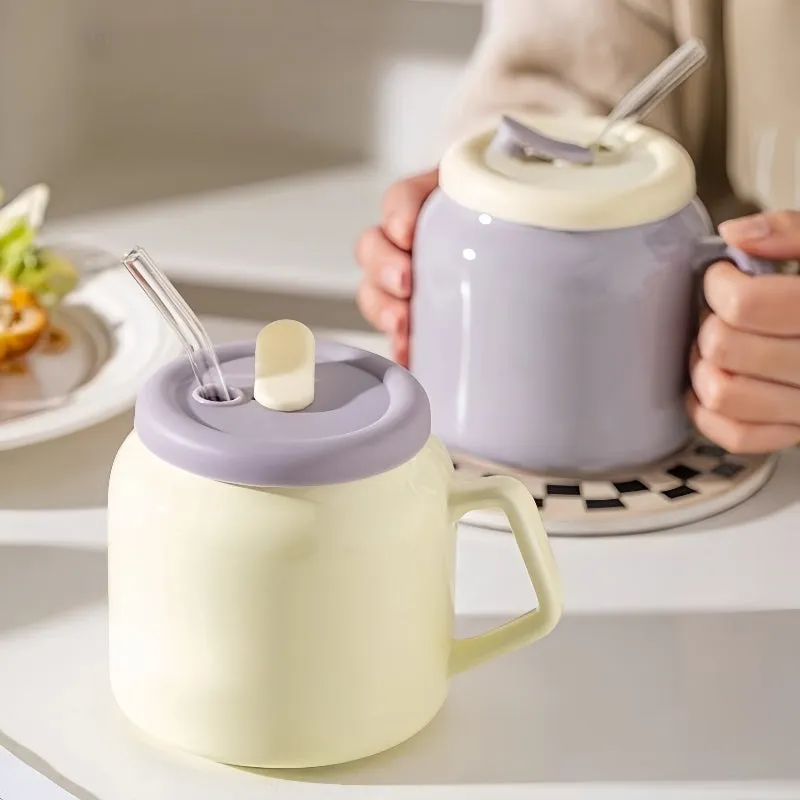 MDZF Ceramic Taro Bobo Cup with Silicone Lid – 580ml Aesthetic Ins-style Drinkware for Coffee, Tea & Daily Use (Cream Yellow/Taro Purple)