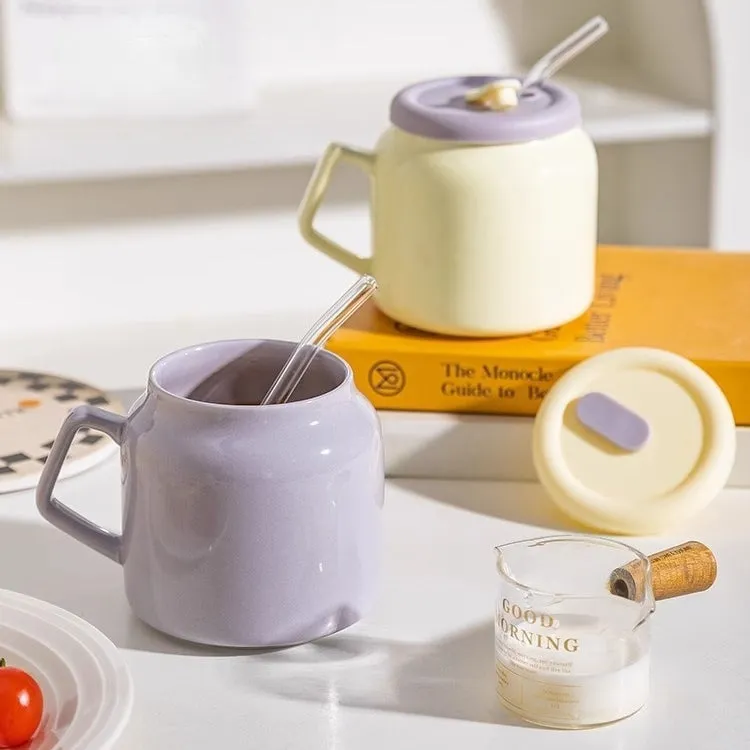 MDZF Ceramic Taro Bobo Cup with Silicone Lid – 580ml Aesthetic Ins-style Drinkware for Coffee, Tea & Daily Use (Cream Yellow/Taro Purple)