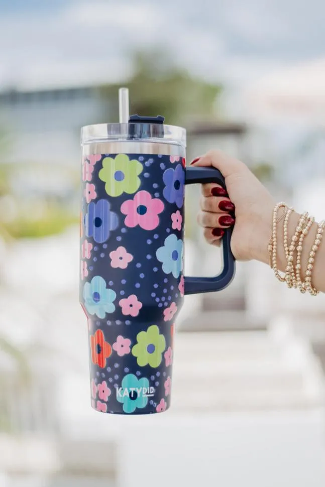 Navy Daisy Tumbler Cup with Handle