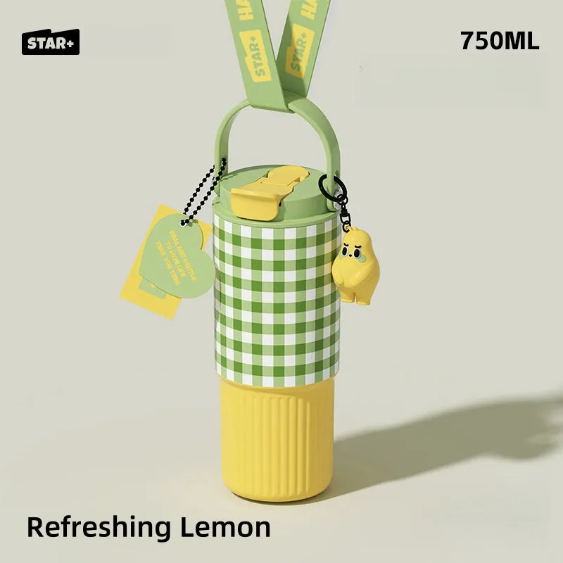 STAR  750ML Dual-Drink Thermos Flask - Portable Insulated Bottle with SUS316 Stainless Steel, Anti-Leak Design, and Cute Floral Patterns