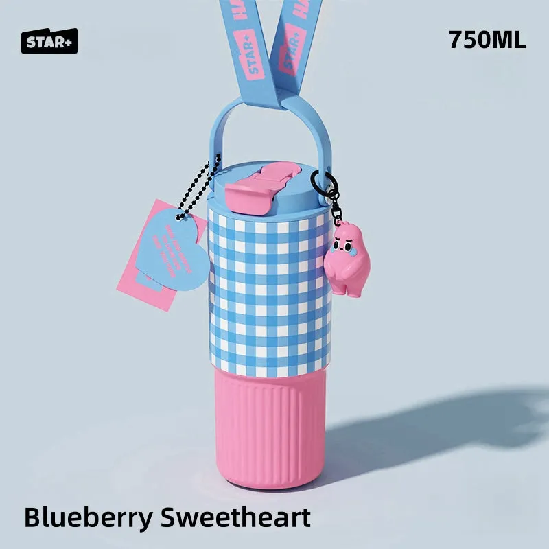 STAR  750ML Dual-Drink Thermos Flask - Portable Insulated Bottle with SUS316 Stainless Steel, Anti-Leak Design, and Cute Floral Patterns