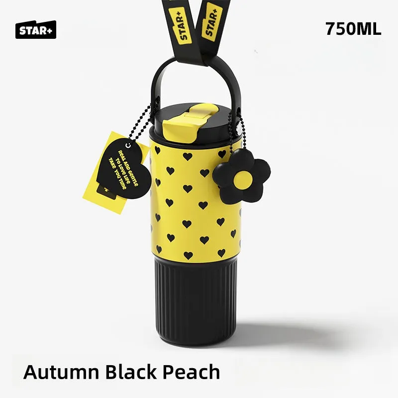 STAR  750ML Dual-Drink Thermos Flask - Portable Insulated Bottle with SUS316 Stainless Steel, Anti-Leak Design, and Cute Floral Patterns