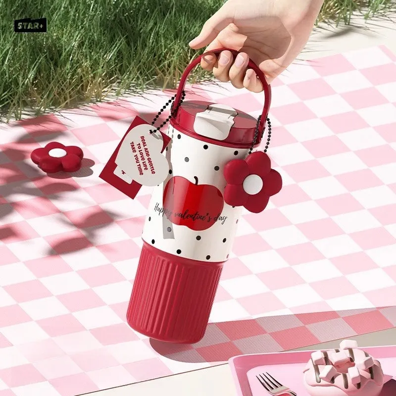 STAR  750ML Dual-Drink Thermos Flask - Portable Insulated Bottle with SUS316 Stainless Steel, Anti-Leak Design, and Cute Floral Patterns