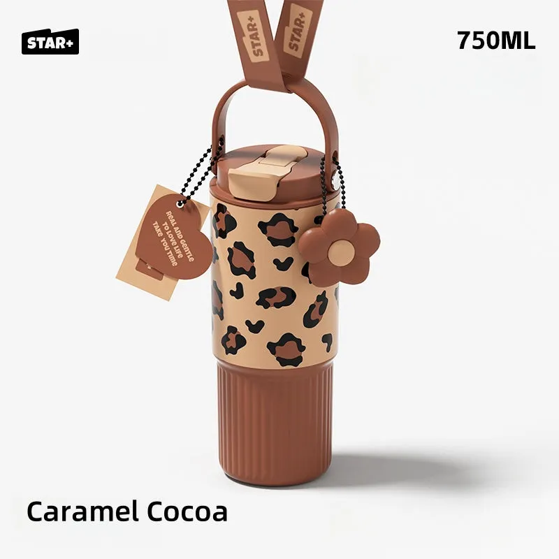 STAR  750ML Dual-Drink Thermos Flask - Portable Insulated Bottle with SUS316 Stainless Steel, Anti-Leak Design, and Cute Floral Patterns
