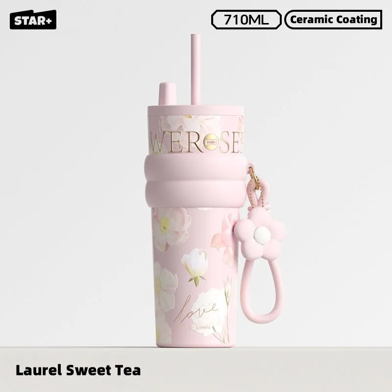 STAR  Floral Aurora 710ml Stainless Steel Vacuum Insulated Water Bottle with Ceramic Coating – 12H Heat & 24H Cold Retention, Dual Drinking Options, Leakproof Design (Rainy Spring, Sweet Osmanthus, Moonlit Camellia)