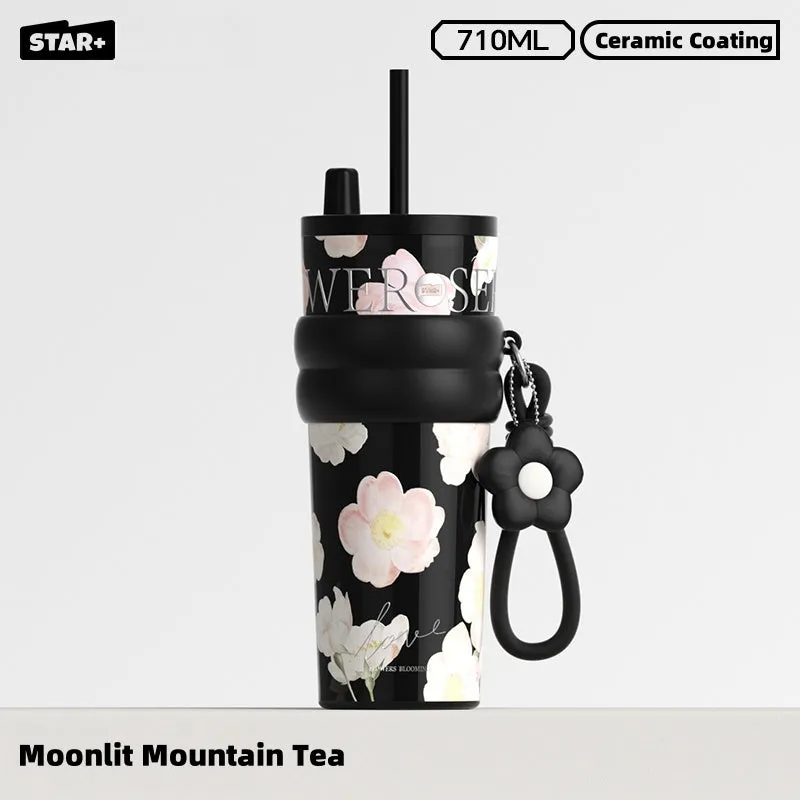STAR  Floral Aurora 710ml Stainless Steel Vacuum Insulated Water Bottle with Ceramic Coating – 12H Heat & 24H Cold Retention, Dual Drinking Options, Leakproof Design (Rainy Spring, Sweet Osmanthus, Moonlit Camellia)