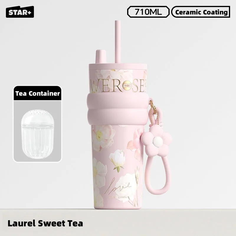 STAR  Floral Aurora 710ml Stainless Steel Vacuum Insulated Water Bottle with Ceramic Coating – 12H Heat & 24H Cold Retention, Dual Drinking Options, Leakproof Design (Rainy Spring, Sweet Osmanthus, Moonlit Camellia)