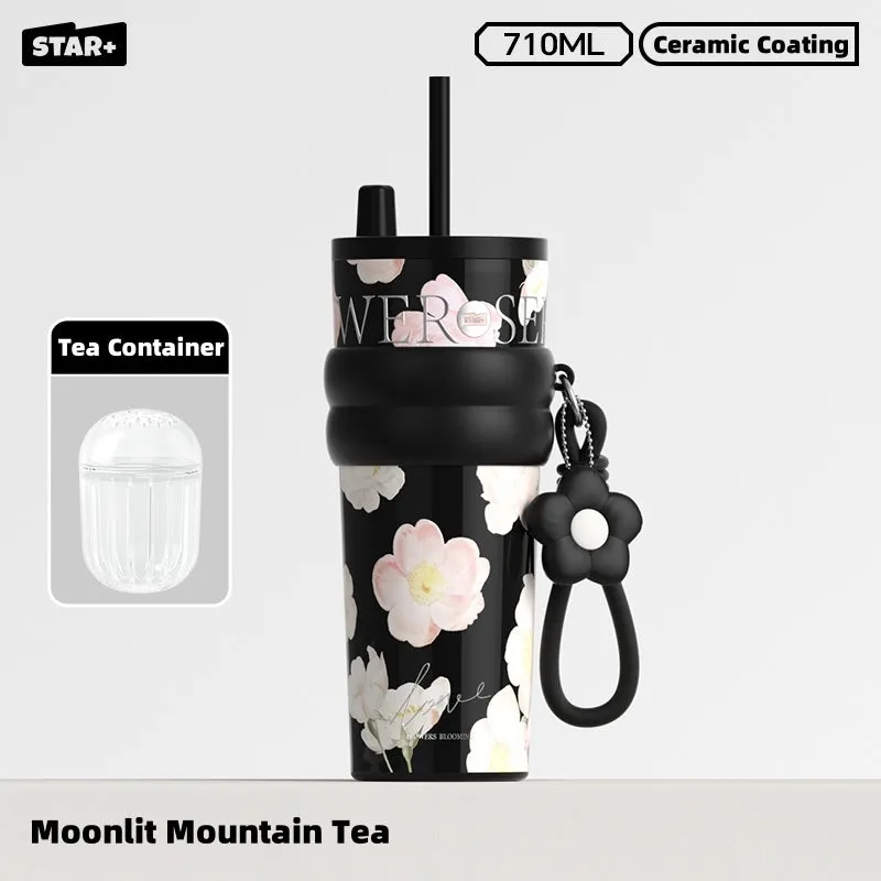 STAR  Floral Aurora 710ml Stainless Steel Vacuum Insulated Water Bottle with Ceramic Coating – 12H Heat & 24H Cold Retention, Dual Drinking Options, Leakproof Design (Rainy Spring, Sweet Osmanthus, Moonlit Camellia)