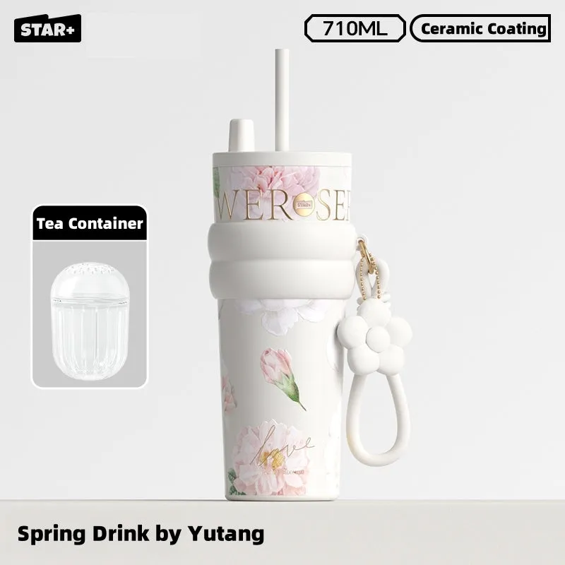 STAR  Floral Aurora 710ml Stainless Steel Vacuum Insulated Water Bottle with Ceramic Coating – 12H Heat & 24H Cold Retention, Dual Drinking Options, Leakproof Design (Rainy Spring, Sweet Osmanthus, Moonlit Camellia)